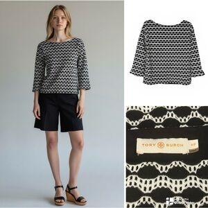 Tory Burch Black and White Geometric Knit Top